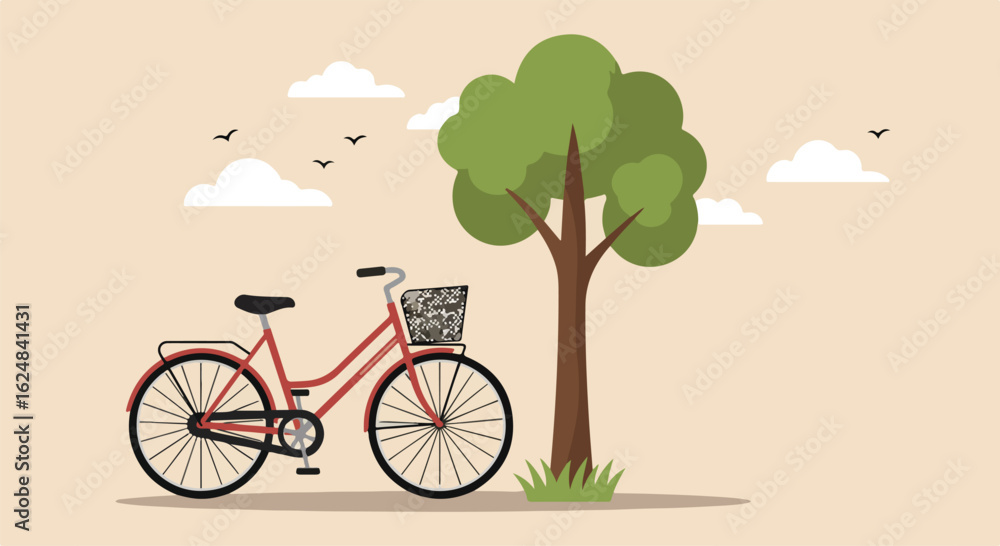 Naklejka premium Red bicycle at a park next to a tree with birds and clouds in the background
