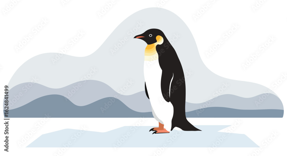 Fototapeta premium Penguin standing on ice floe in Antarctica with mountainous background illustration