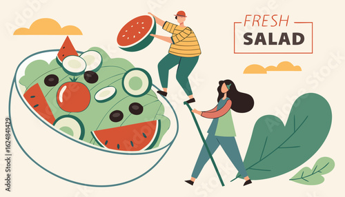 Fresh salad concept. Men and women with vegetables and fruits near big plate. Poster or banner for website, healthy food and active lifestyle. Proper nutrition. Cartoon flat vector illustration
