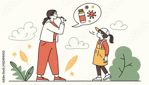 Woman annoyed by smoking. Girl coughs from smoke of guys cigarette. Breathing problems, healthy lifestyle, health care. Negative effects and consequences for others. Cartoon flat vector illustration