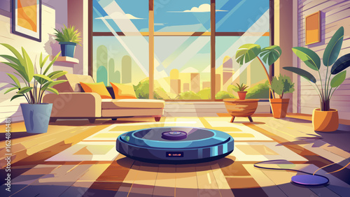 In this modern living room, a stylish robotic vacuum quietly cleans under tables and chairs. Natural light dances on sleek surfaces, while leafy plants breathe freshness into the airy space.