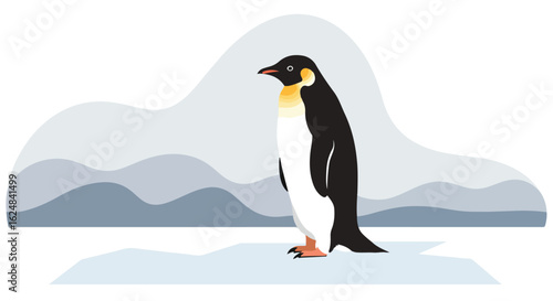 Penguin standing on ice floe in Antarctica with mountainous background illustration