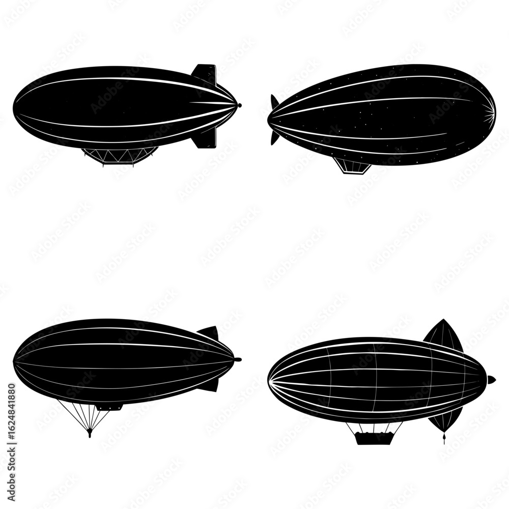 Fototapeta premium Four black and white vintage airships with different designs floating on a white background scene illustration