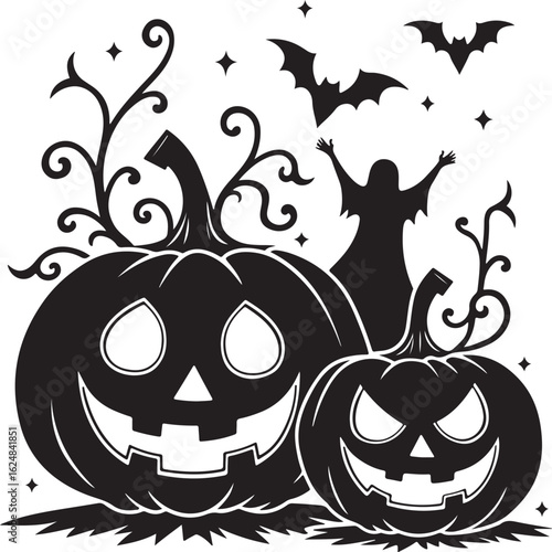 Spooky Halloween pumpkins with bats and ghost silhouette