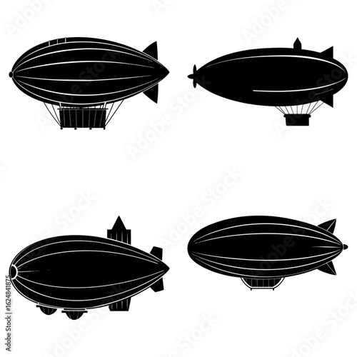 Illustration showcasing four black silhouette zeppelin airships in various orientations on a white backdrop