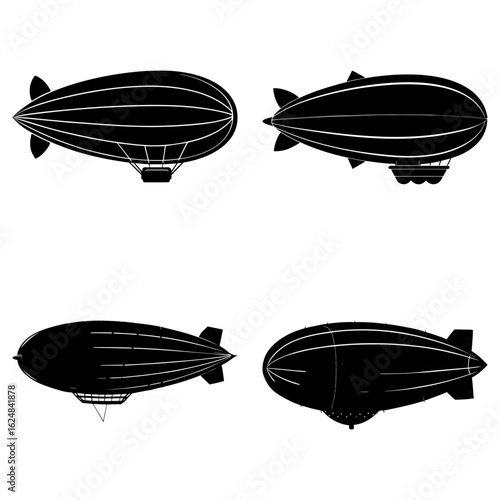 Four black and white airship silhouettes with gondolas and tail fins in varying orientations shown