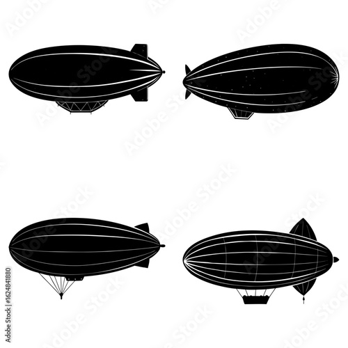 Four black and white vintage airships with different designs floating on a white background scene illustration