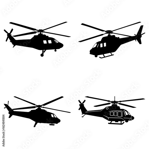Four helicopter silhouettes in flight with rotating blades against a white background in a vector image