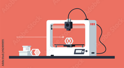 3D printer prints hexagon on flat surface, coral backdrop, for making design