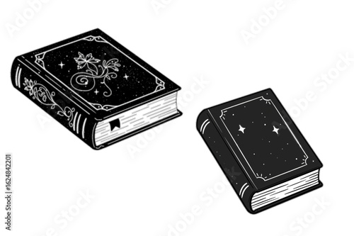 Mystical spellbooks with celestial designs evoke ancient magic and scholarly pursuits