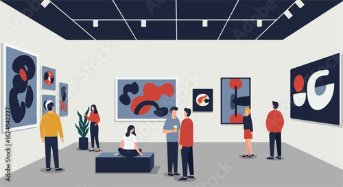 People Viewing Abstract Art in a Gallery Exhibition, conversing and observing