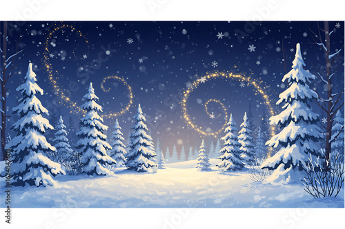 Enchanting winter forest scene with snow-covered pine trees and magical golden light swirls under a starry night sky.