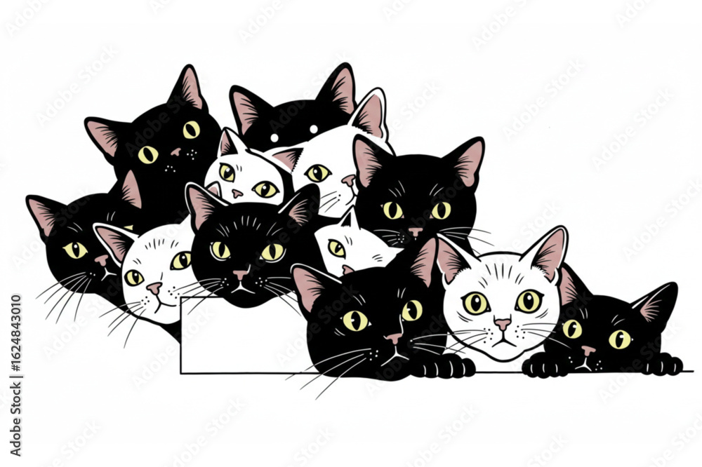 Curious cats peeking over a blank sign, perfect for adding custom text or messages Curious cats peeking over a blank sign, perfect for adding custom text or messages