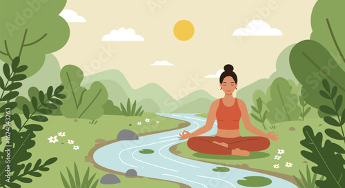 Serene woman meditating in lotus pose by a peaceful river in a beautiful green valley, concept of wellness and harmony