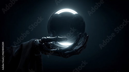 Metallic robotic hand holding a glowing crystal sphere in a dark futuristic environment.
