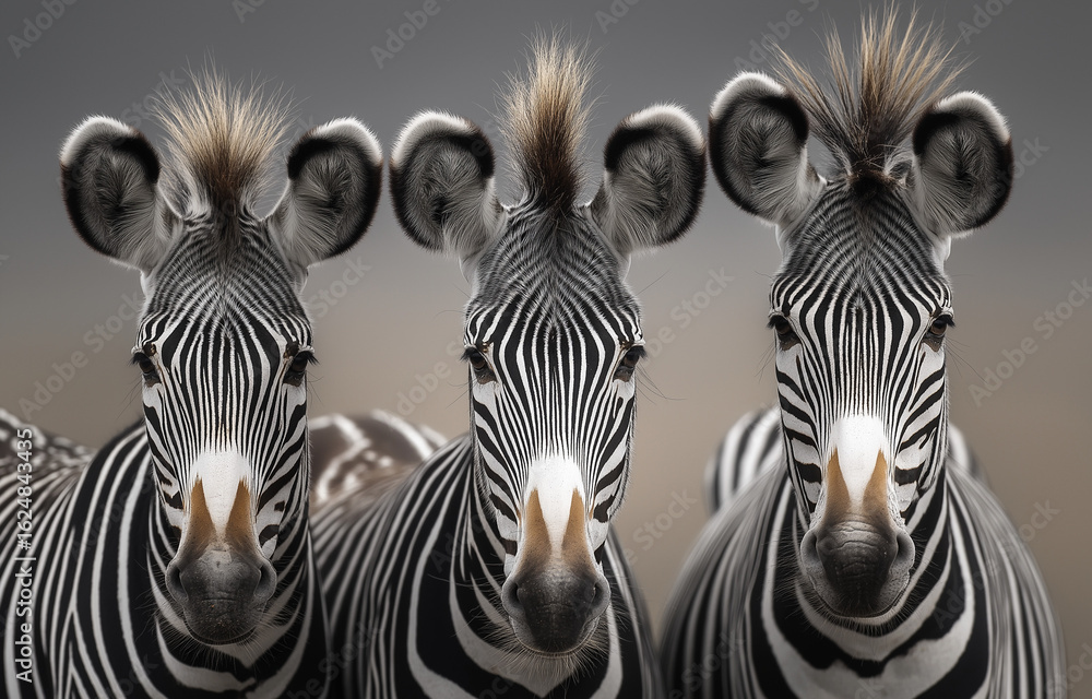 Fototapeta premium Three zebras in the savanna, a close-up shot of their heads and necks,