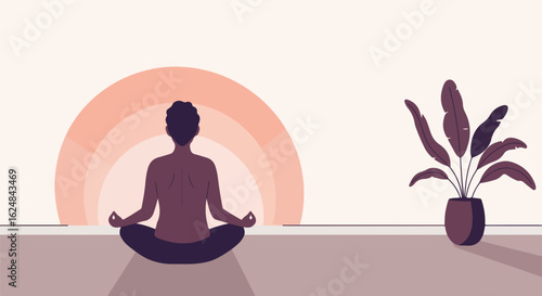 Woman meditates indoor with background glow, plant. Illustrates wellness, calm