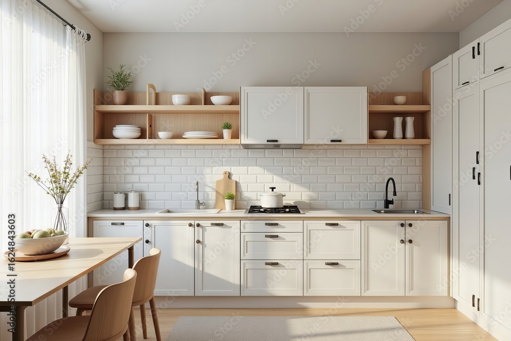 Fototapeta premium Installing Wooden Cabinets in a White Modular Kitchen