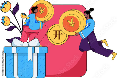 Excitedly exchanging currency symbols, people celebrate financial growth and lucrative opportunities with gift boxes and blooming flowers, symbolizing prosperity and success.