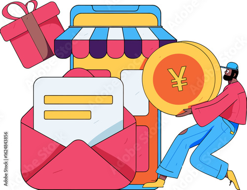 Excited entrepreneur celebrates successful online store launch with giant coin and gift, symbolizing financial growth and rewarding customers for digital commerce achievements.