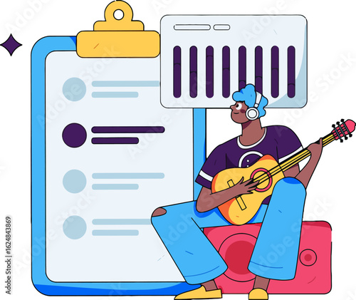 Creative musician with headphones playing guitar near a checklist and audio equalizer, capturing inspiration for song creation and digital music production.