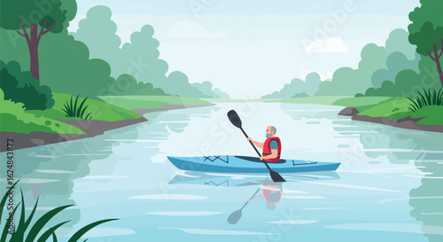 Person kayaking on river, forested background. Could be used for recreation, safety