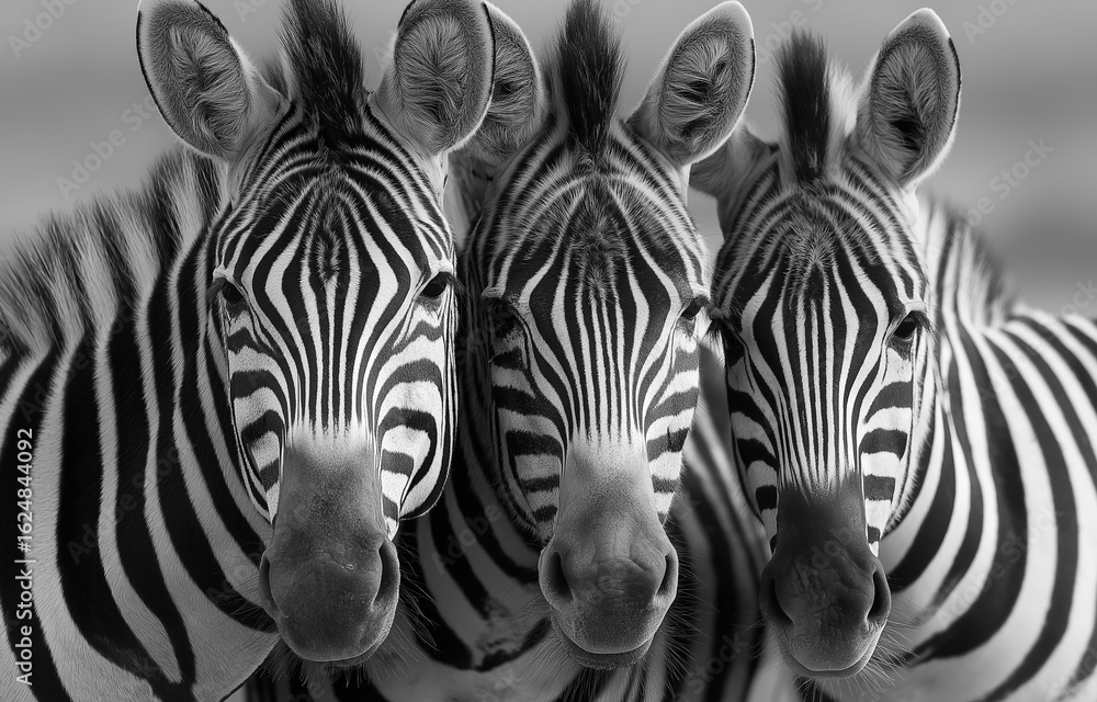 Fototapeta premium Three zebras in the savanna, a close-up shot of their heads and necks,