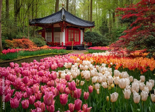 Colorful tulip flower garden with white, pink, and red colors in front of a Japanese pavilion at the Keukenhof Tulip Gardens in Lisse, Netherlands. This stock photo was the winner of a contest, featur