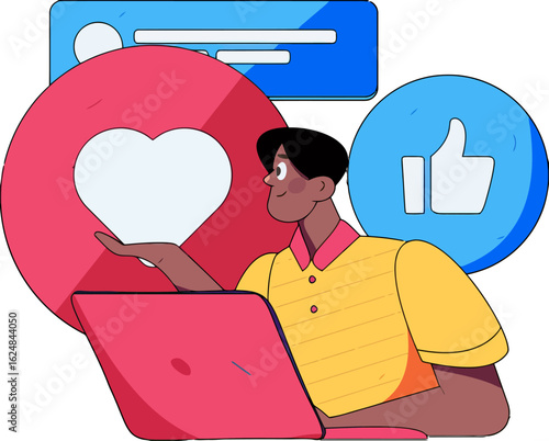 Engaged user interacting with social media engagement icons like hearts and thumbs up while working on a laptop, promoting online connection and digital communication.