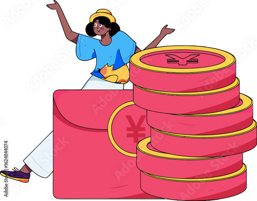Joyful young woman celebrating financial success with stacks of yen coins and a red envelope, embodying wealth and prosperity