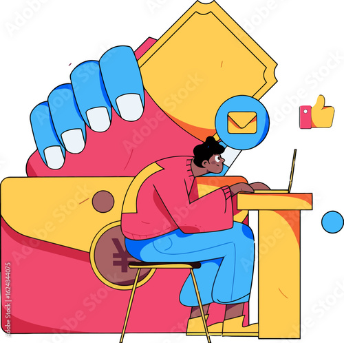 Young entrepreneur diligently working on laptop, receiving email notifications and social media likes, symbolizing digital success and online engagement with financial elements.