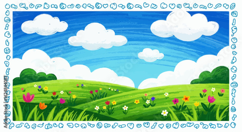 Grass and sky background. Crayon kid landscape with spring field. Vector green grass, flower, blue sky, cloud child wax pastel painting.children, border, chalk, doodle, draw, land, lawn, meadow, 