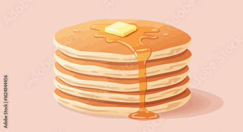 Stack of breakfast pancakes with butter & syrup on neutral surface, used for cooking ads