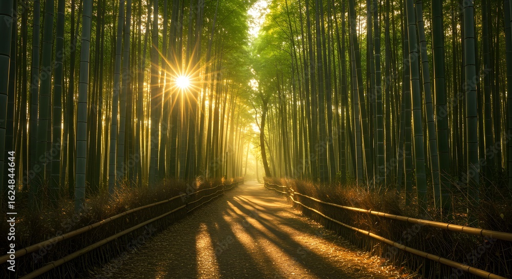 Naklejka premium Golden Sun Rays Through Tall Bamboo Forest Illuminating Serene Path with Long Shadows, Peaceful Nature Scene