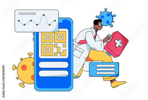 Confident doctor uses mobile app with QR code for health data tracking, surrounded by virus symbols and medical icons, signifying digital healthcare advancements and pandemic management.