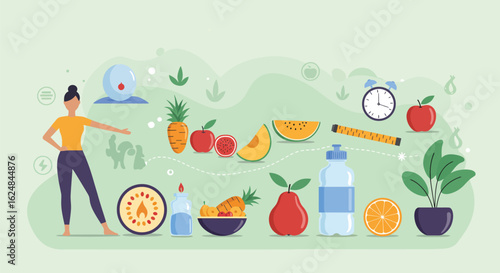 Woman showcases essential elements for a healthy lifestyle, including fresh food, exercise, and mindfulness for overall wellness.