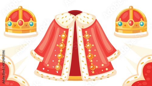 a red and gold royal robe with two matching crowns on a white background design