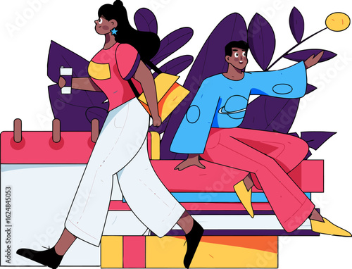 Stylized illustration of modern professionals managing schedules and deadlines with positive attitudes, perfect for editorial use, blog posts, and social media content that needs a fresh look