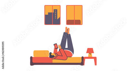 Person lying on bed using phone with legs up against windows in a modern interior scene illustration