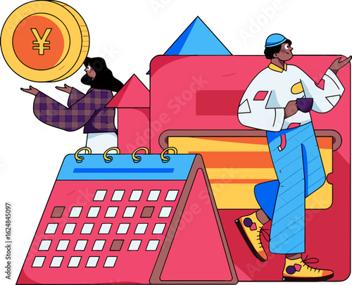 Visualize your financial timeline with this vibrant illustration of people analyzing currency trends and calendar dates, perfect for presentations, blogs, and educational content, achieve success