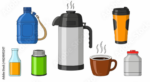 Hot Beverage In Thermos Icon Vector Illustration.water canteen, travel mug, coffee - drink, insulated drink container, bottle, container, drink, mug, vector, icon set, liquid, illustration, 