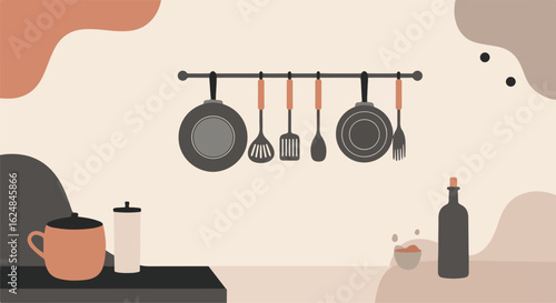 Flat lay kitchenware still life with abstract background for culinary design use
