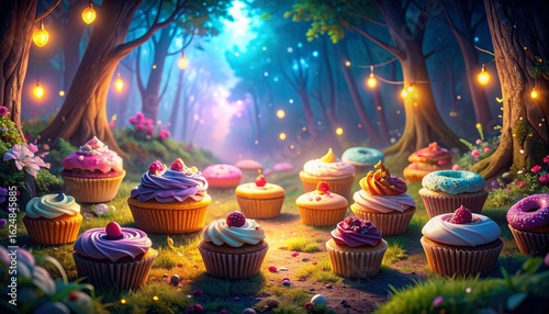 Magical forest with a variety of colorful cupcakes