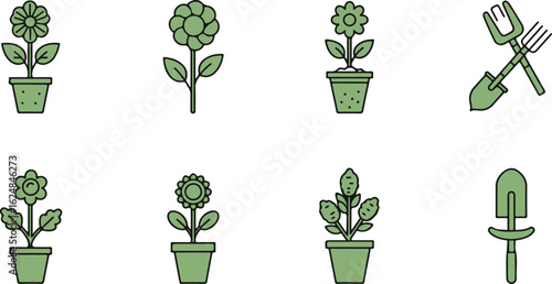 Green and White Icons of Potted Flowers and Gardening Tools potted plant illustration