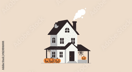 House decorated with pumpkins and cobwebs, smoke is coming from the chimney