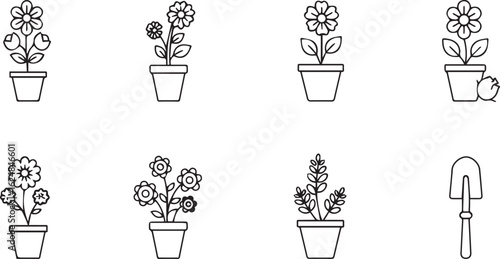 Set of Outline Icons Featuring Potted Flowers and Gardening Tools potted plant