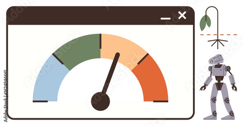 Digital progress gauge in vibrant colors, a robot figure, and a drooping plant convey themes of environmental sustainability, AI integration, and efficiency measurement. Ideal for AI, sustainability