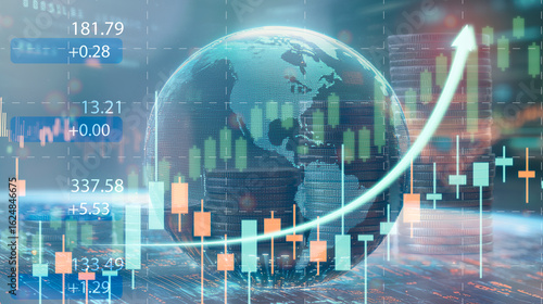 Global Finance Growth Dashboard with Candlestick Charts and Rising Arrow