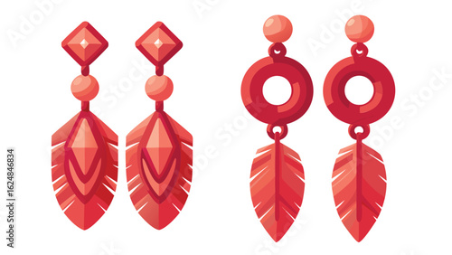 two pairs of red earrings with geometric and feather like designs on a white background