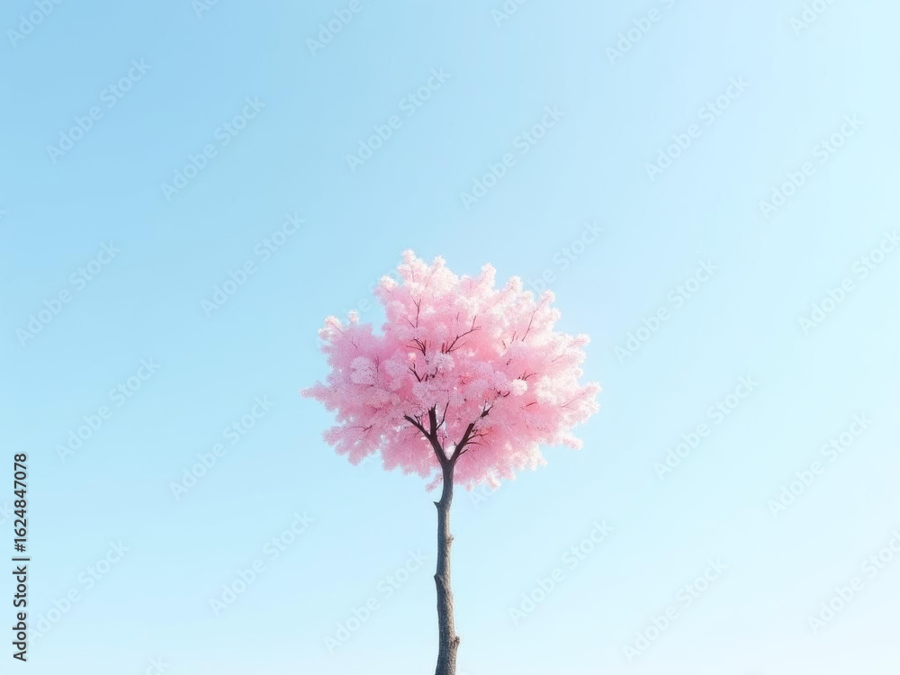 Magnifique cerisier en fleurs roses sous un ciel bleu clair dans un paysage minimaliste et paisible Magnifique cerisier en fleurs roses sous un ciel bleu clair dans un paysage minimaliste et paisible